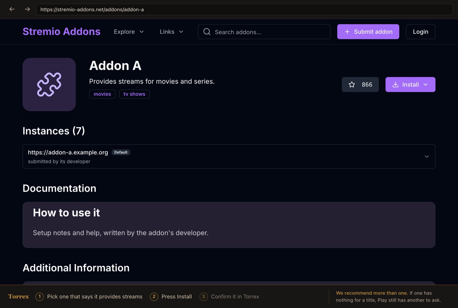 The community catalog in Torrex's add-on window: an addon's page with its Install button, name and logo anonymised