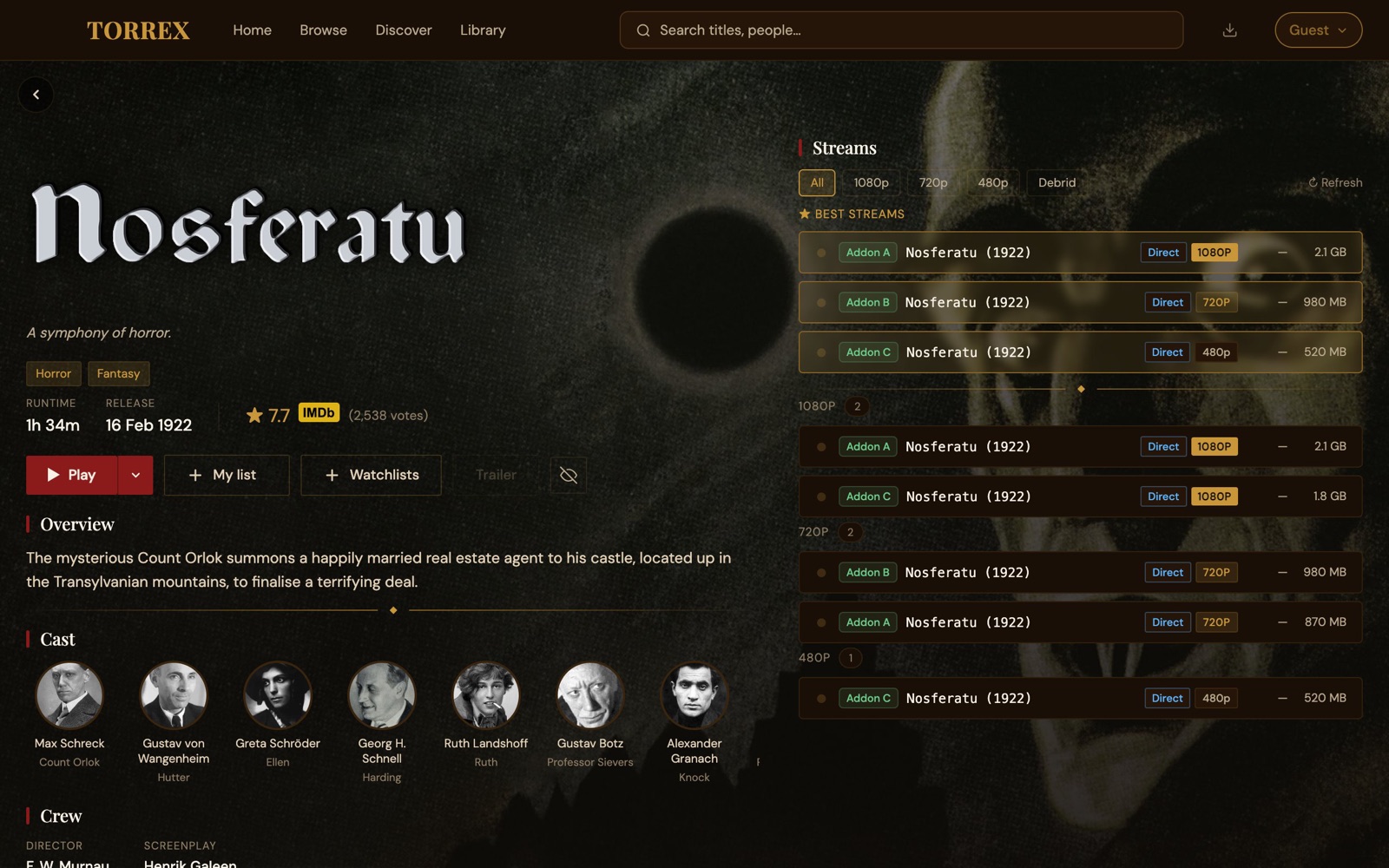 Nosferatu (1922) in Torrex: the stream list with sources from Addon A, B and C, and the Play button