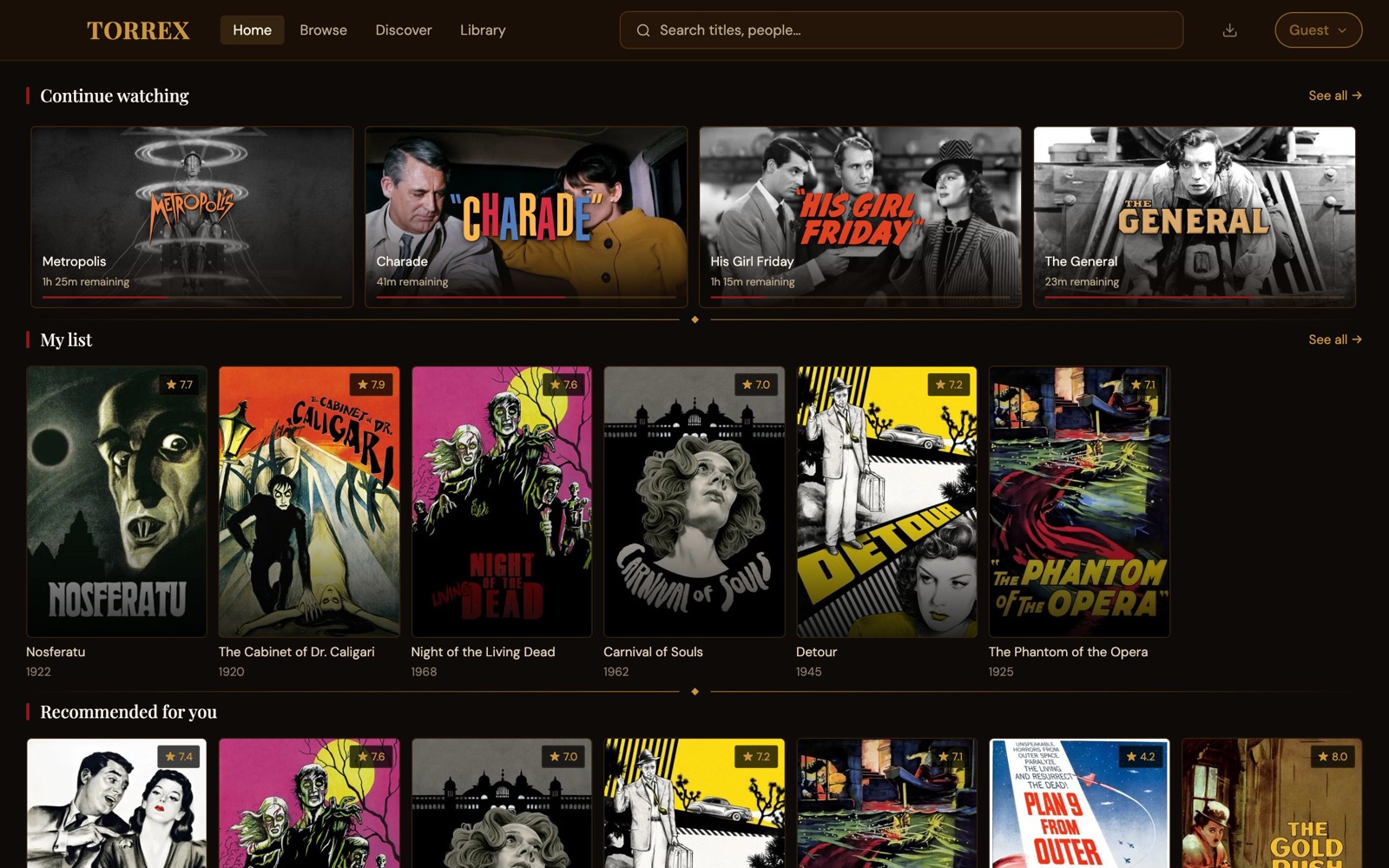 Torrex Home: Continue watching, My list and Recommended, with public-domain films