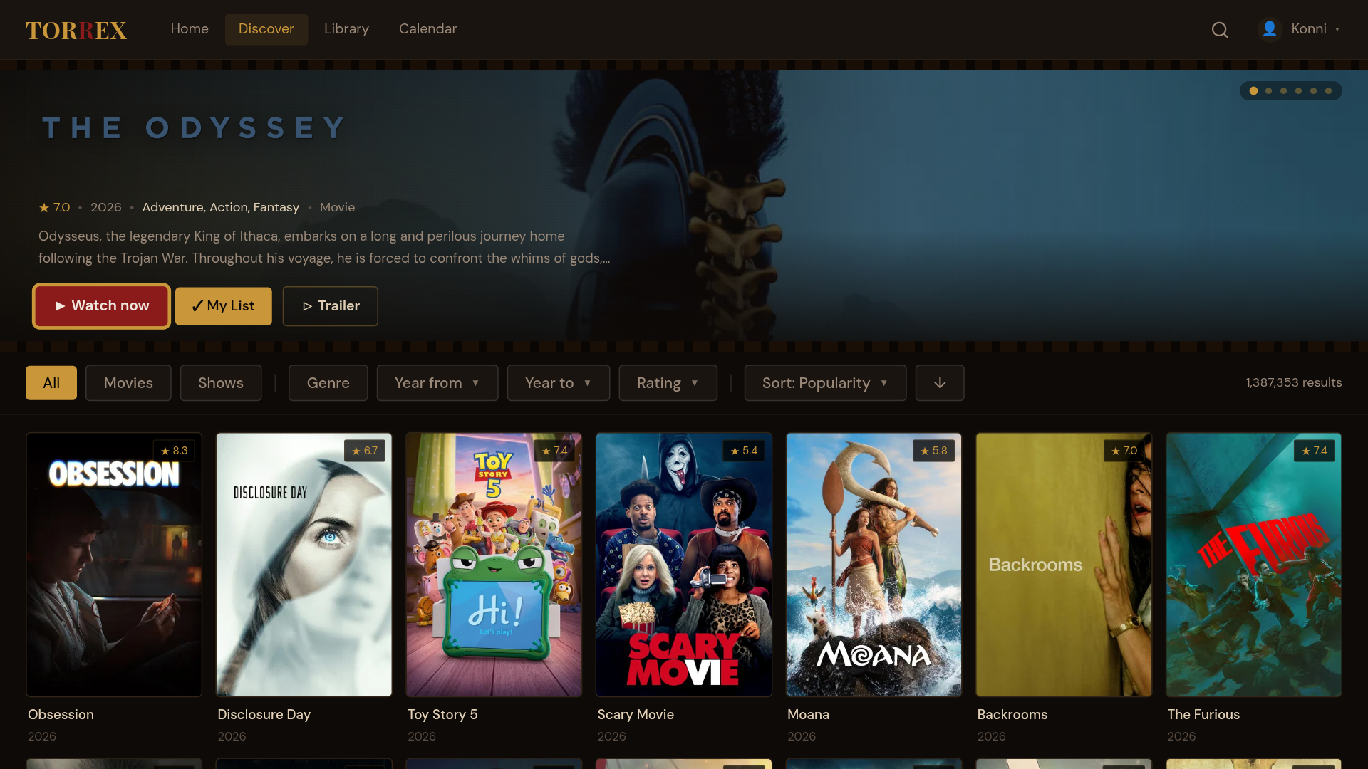 Torrex discover screen — browse and filter movies and shows