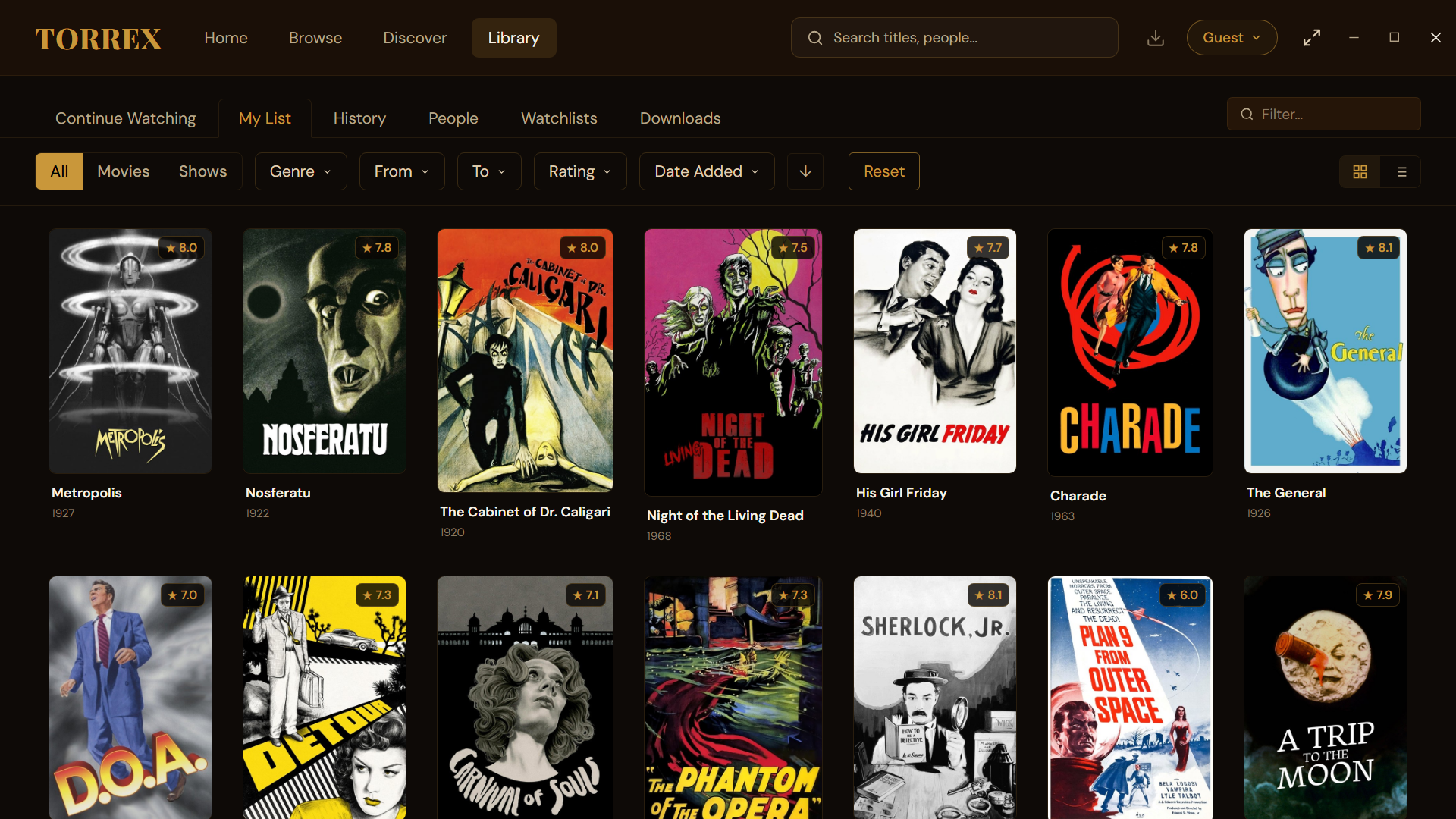 The Torrex library with the My List tab open
