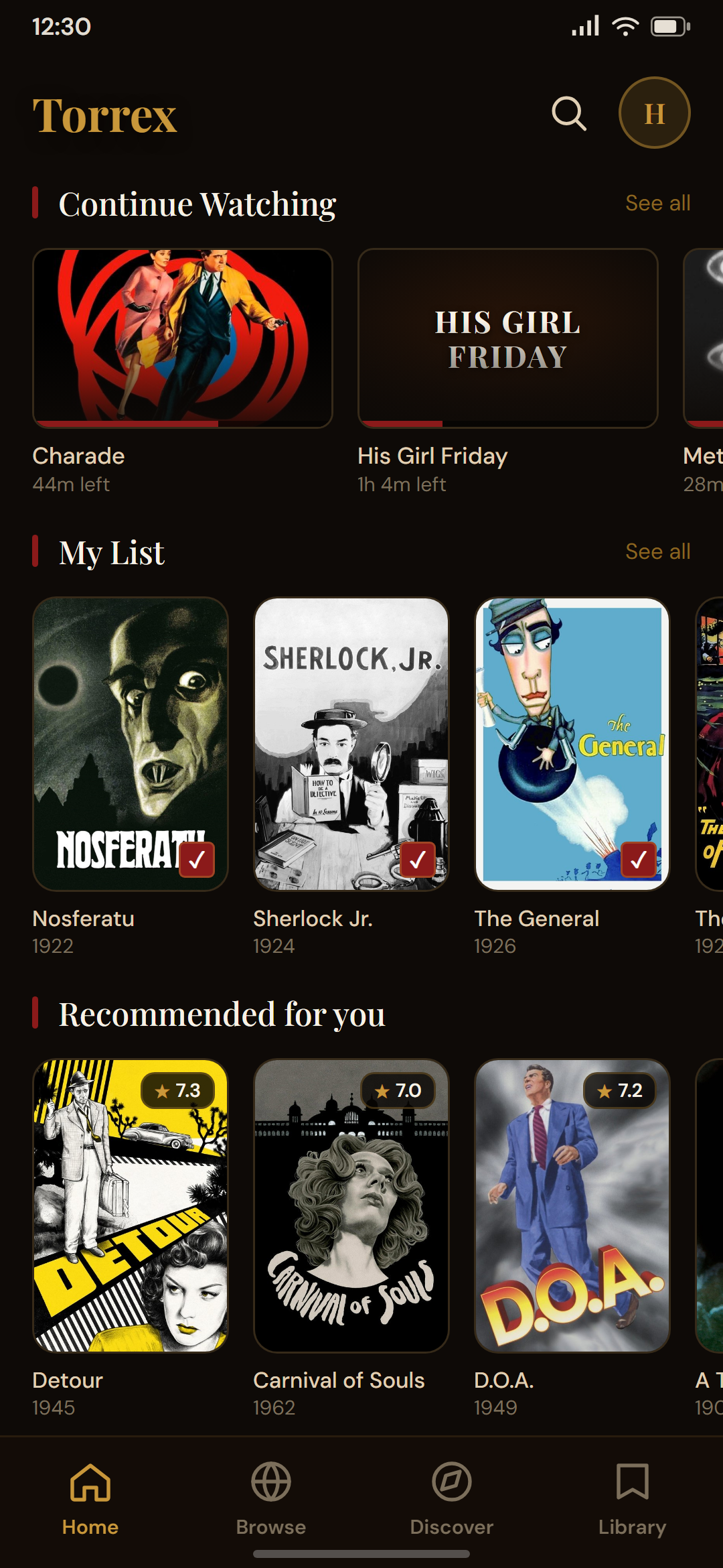 Torrex on a phone: continue watching and my list