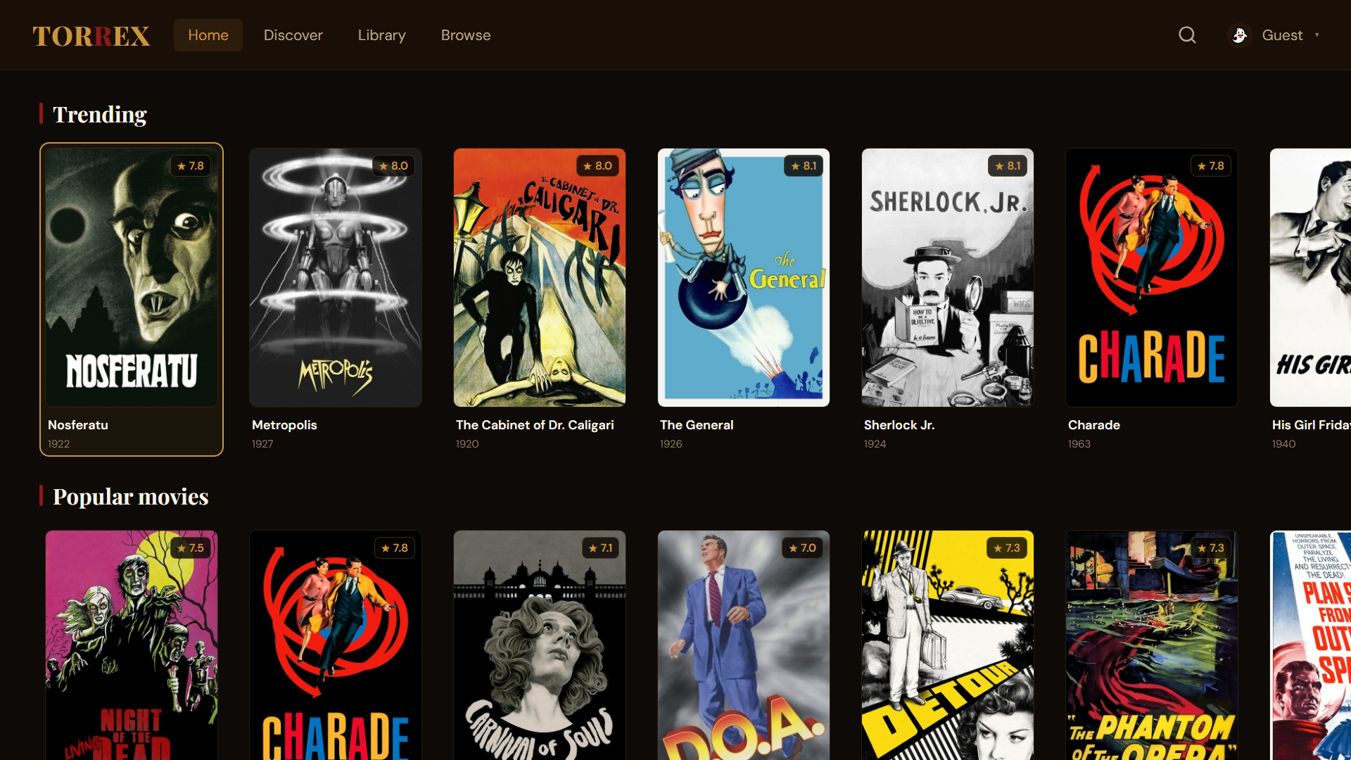 Torrex on a TV: the Home screen with trending and popular shelves